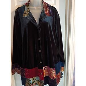 Notations Woman Button Down Top/ Cardigan Black Velvet Jacquard Patchwork Collar